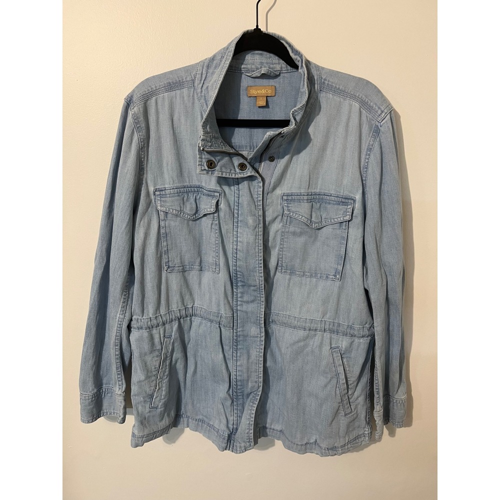 Style & Co Womens Light Wash Denim Utility Jacket Chambray Field Coat Large